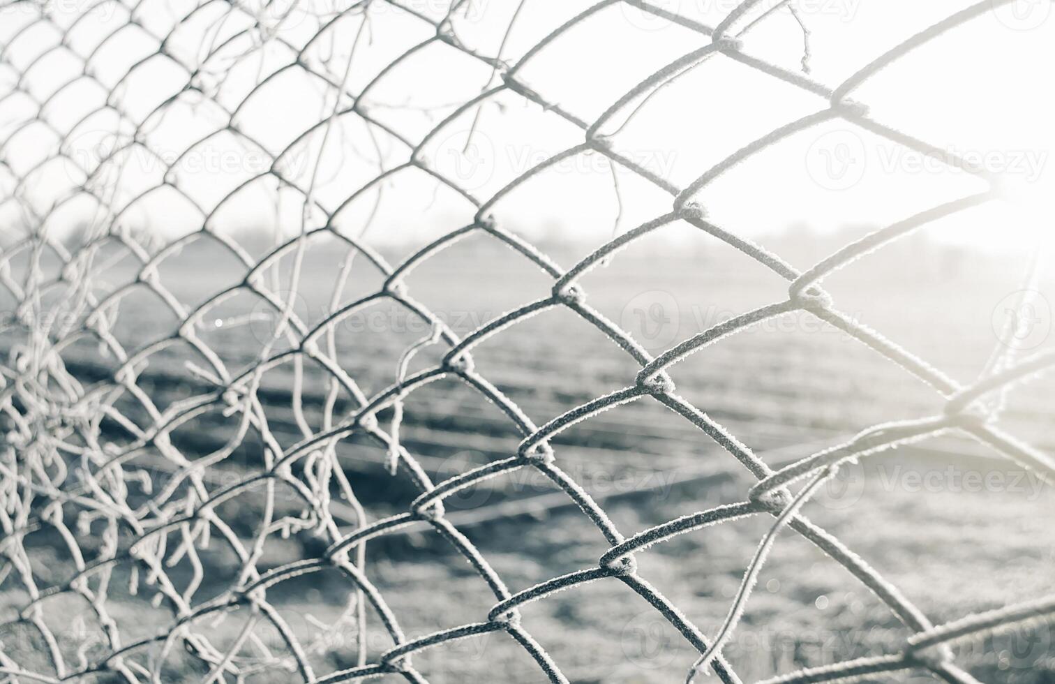 View of a winter farm field through a mesh fence. Frost on fence grate, frosty cold. Agricultural industry. Beautiful sunrise in countryside. Property fencing and cattle barriers. Sunny day. photo