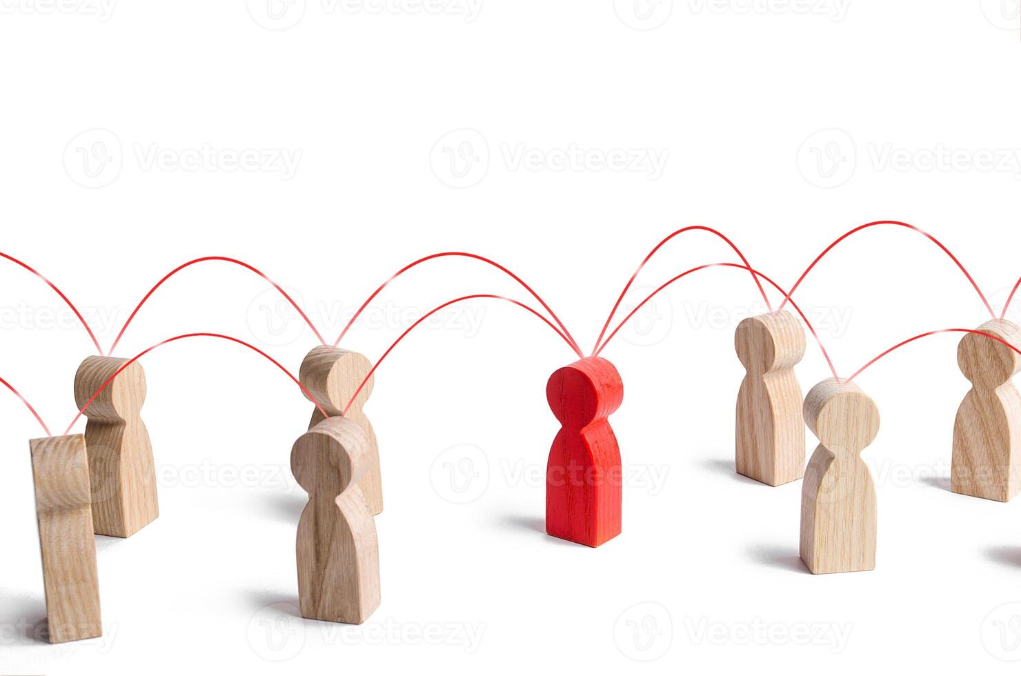 Red human figure in contact with surrounding persons. Cooperation collaboration, teamwork. Role intermediary mediator, leader, leadership. Communication, networking. Key expert specialist professional photo