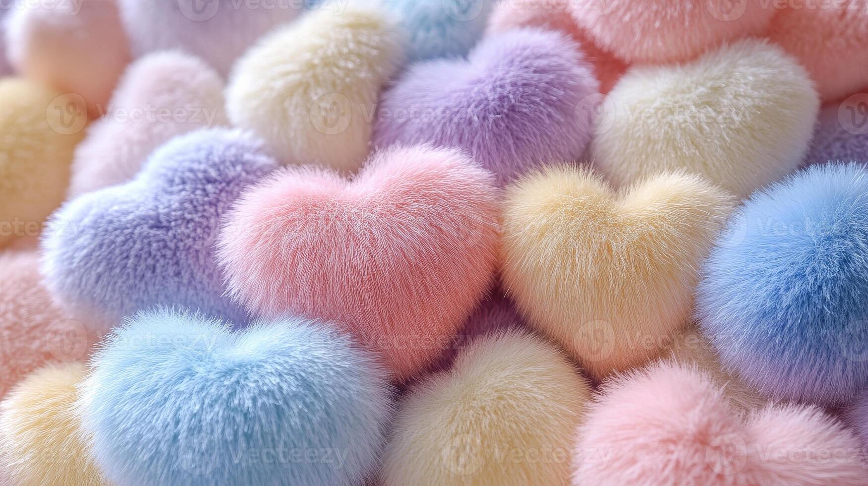 Fluffy pastel hearts in pink, blue, yellow, and purple hues arranged together. Cozy Valentines Day photo