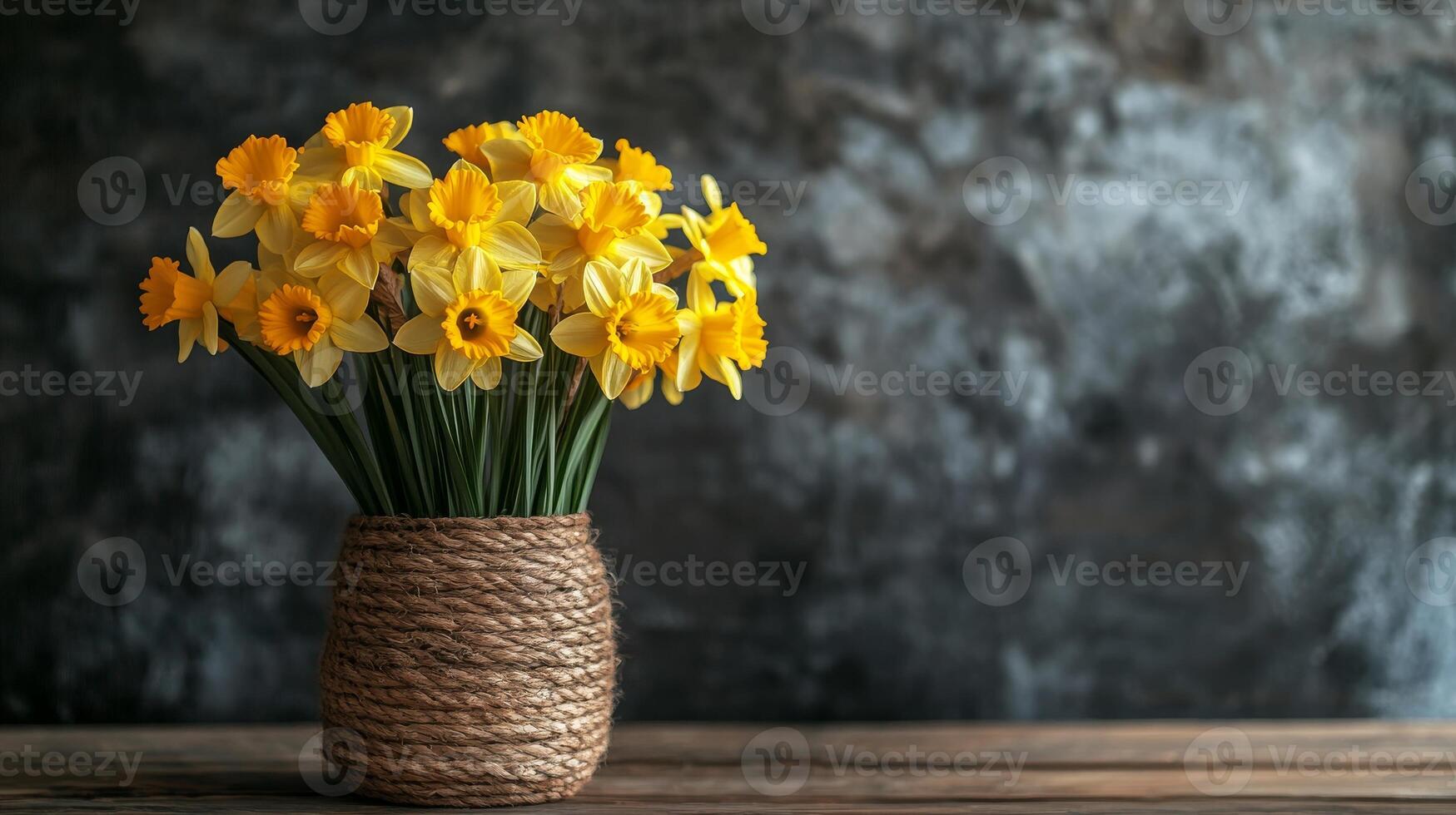A stunning bouquet of yellow daffodils, textured backdrop. Spirit of spring, St David's Day, Women's Day, copy space photo