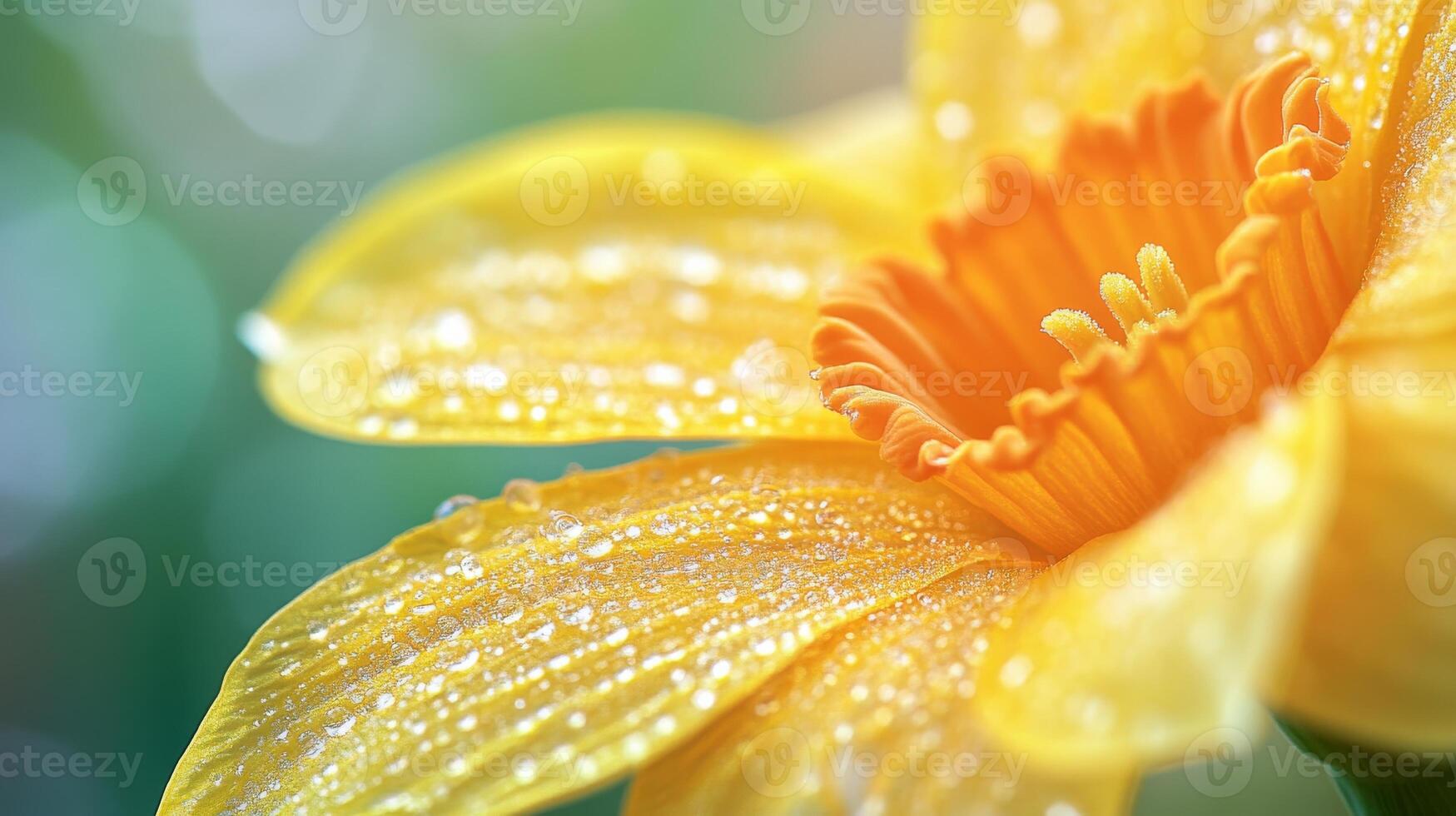 Close-up of a Dew-kissed Yellow Daffodil Blossom in Soft Focus, Intricate Petals. St. David Day, Welsh culture, Spring photo