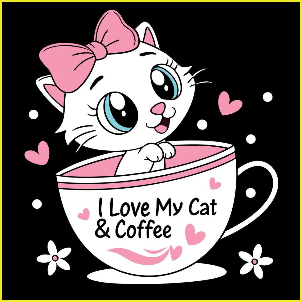 Cat Lover Gift - Cute Cat and Coffee Graphic Tee for Cat Moms vector