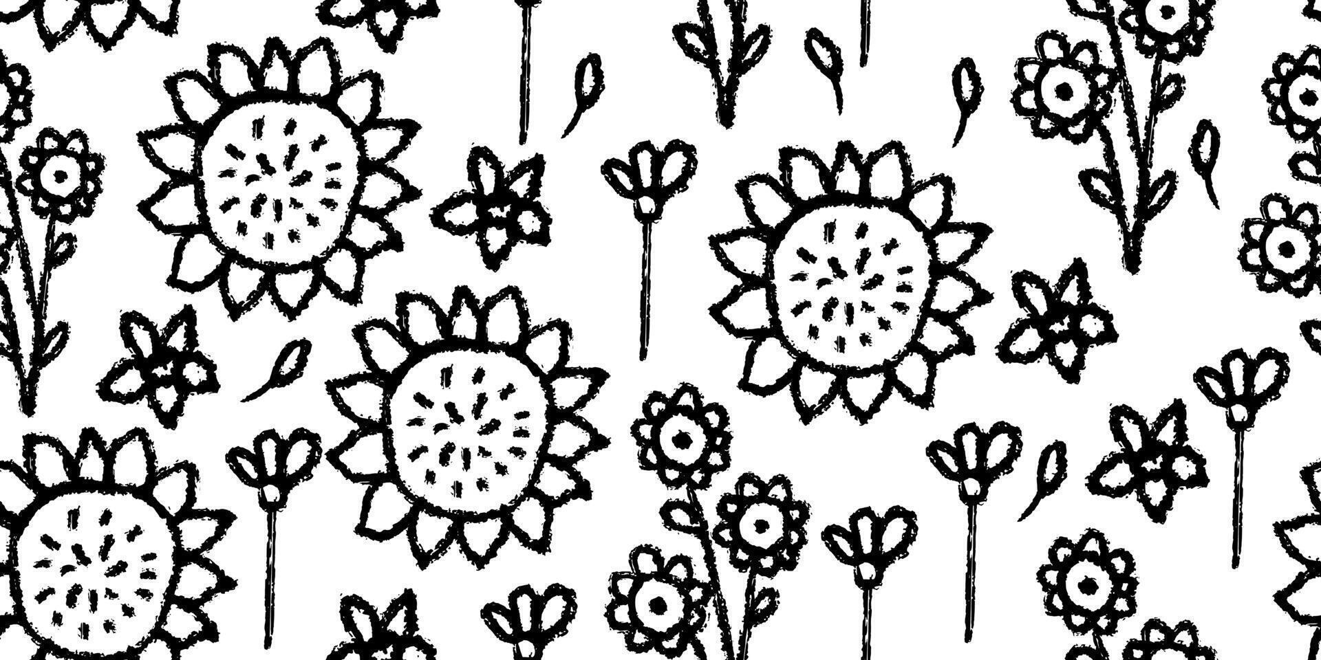 Seamless pattern with sunflowers, floral stems. Black and white background with primitive wild plants vector