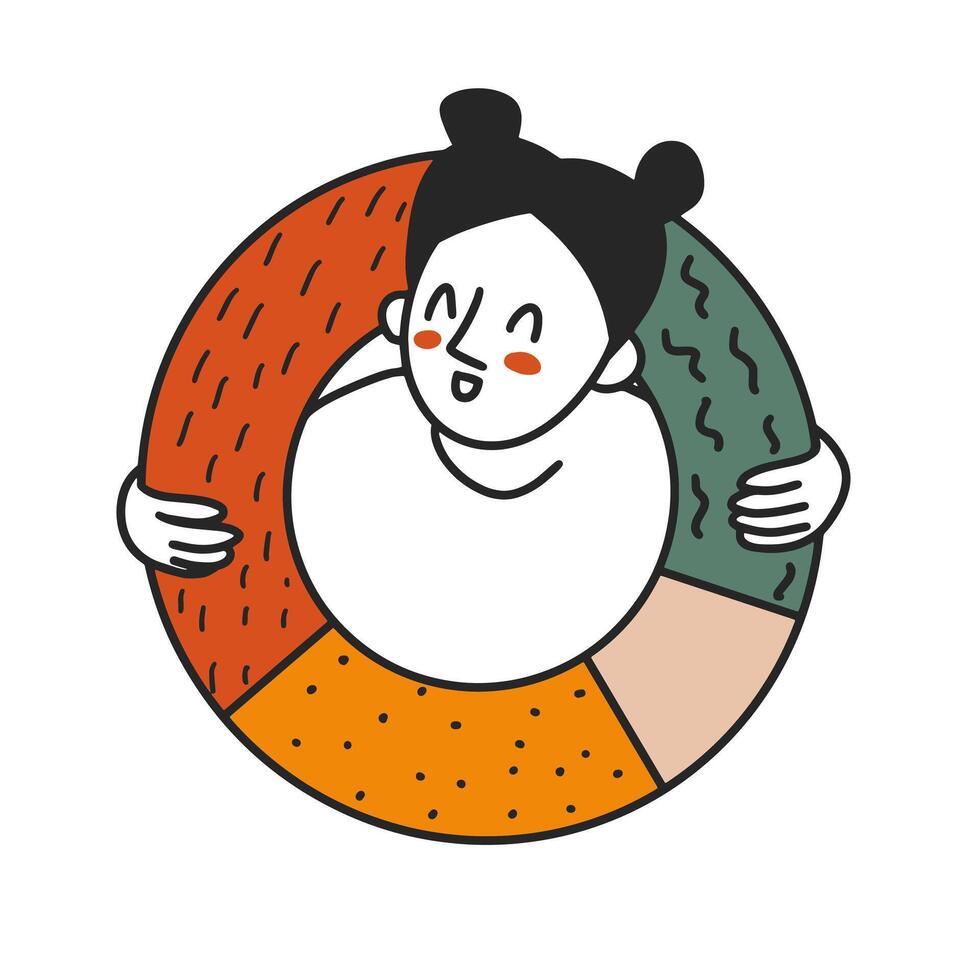 Woman holding a pie chart. Analysts analyzing. Statistical or financial information. Market share. Businesswoman happy with graph readings. Gaining profit. Big data analysis presentation vector