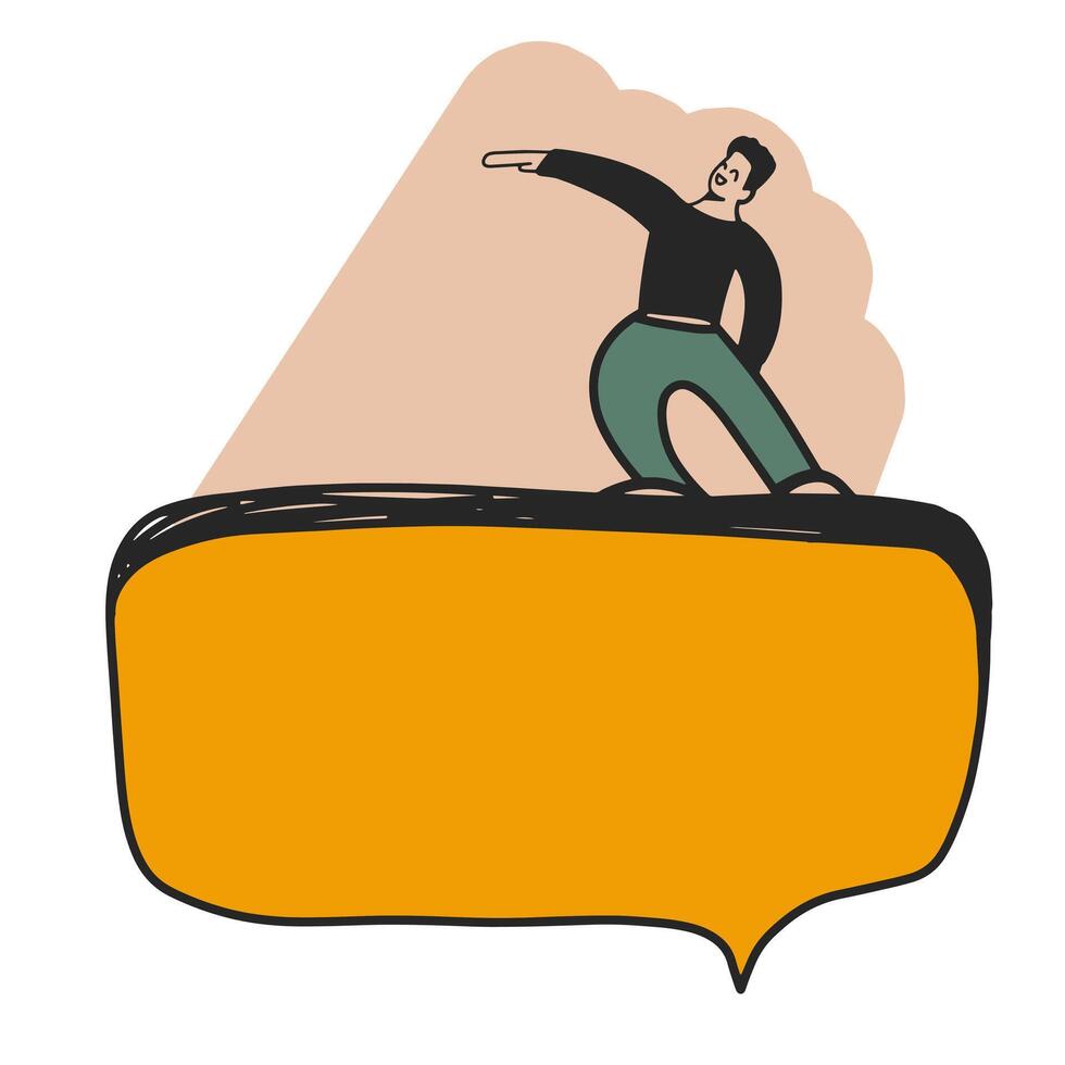 Businessman stands on speech bubble and shows direction with his hand. Motivated man ready to implement an idea. Embodiment of innovation. Message bubble vector