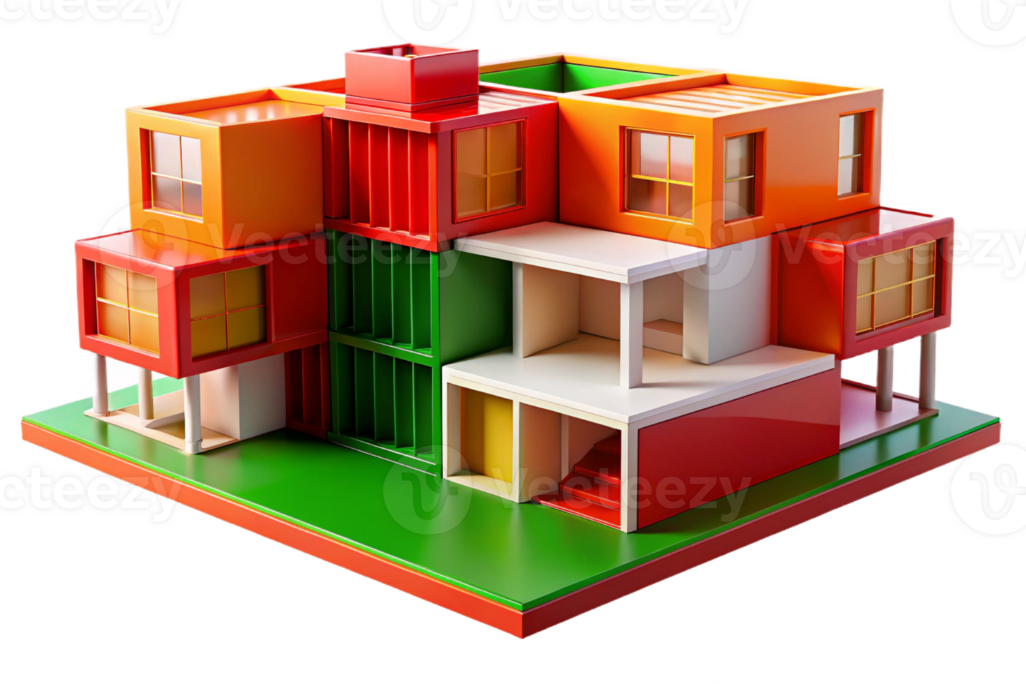 Modern Playful Architecture Model with Vibrant Red Yellow and Green Colors Showcasing Interesting Shapes and Diverse Structures for Innovative Design Ideas png