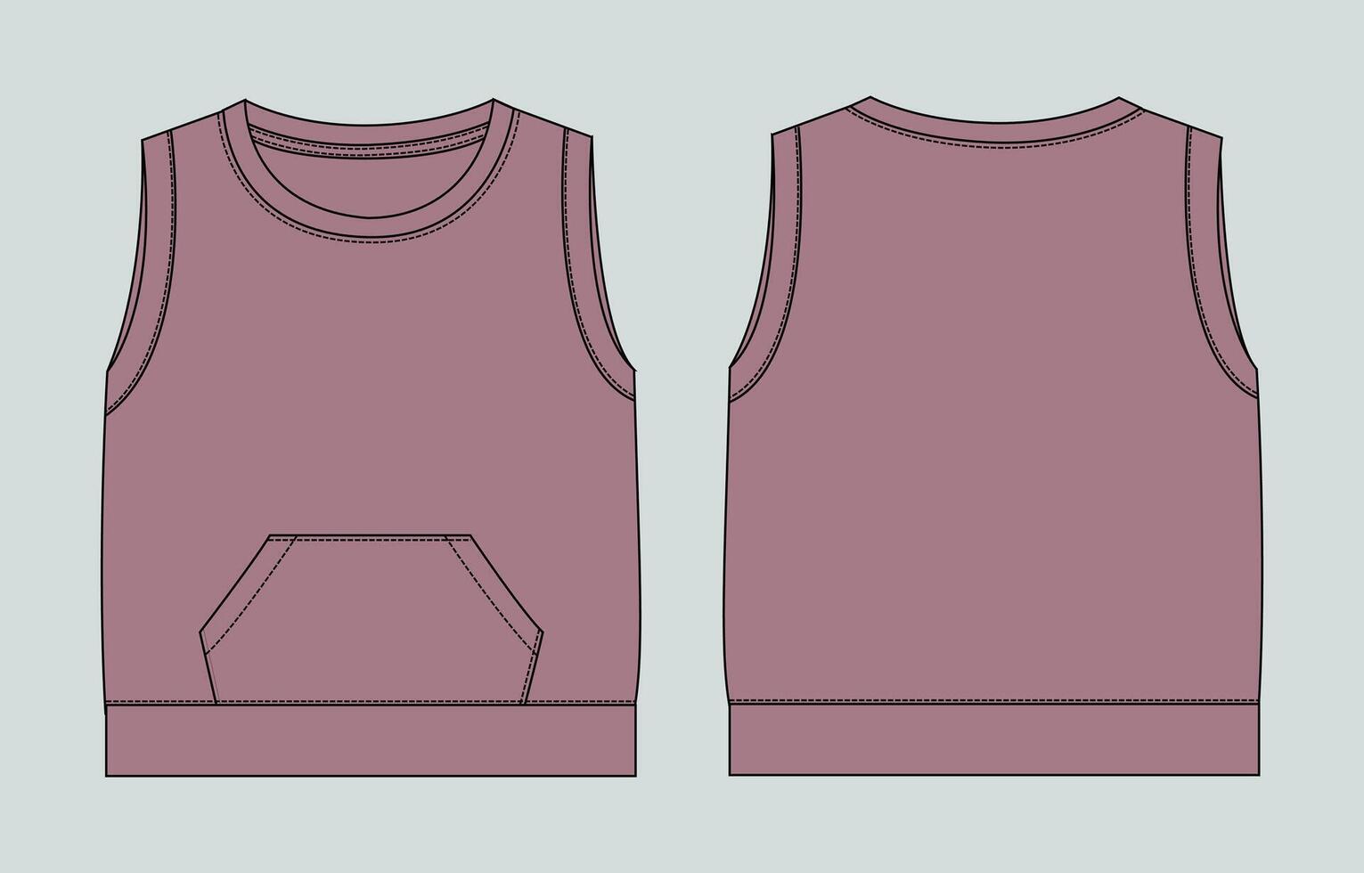 Purple Color Tank tops with pocket template front and back views isolated on grey background vector