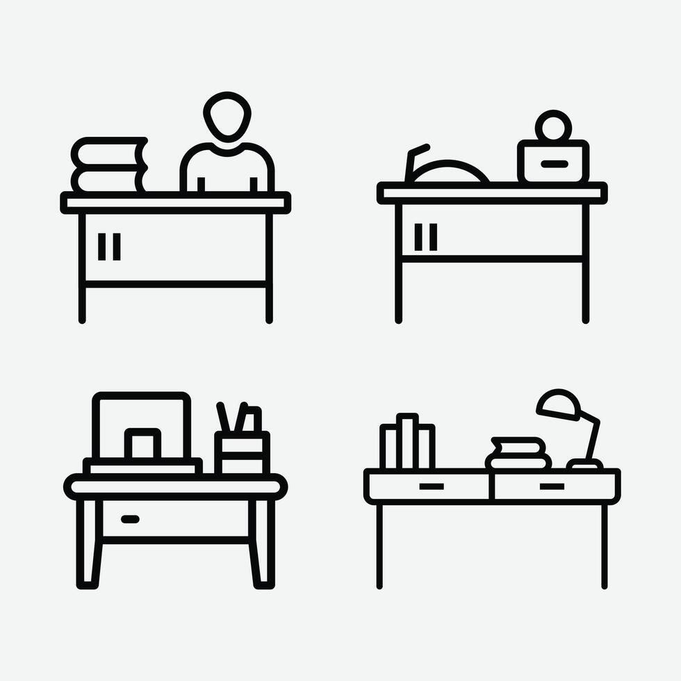 Desk Icon Bundle. Work and Study Desk Icons. Office and Workspace Icon Set. Minimalist Desk Outline Icons. vector