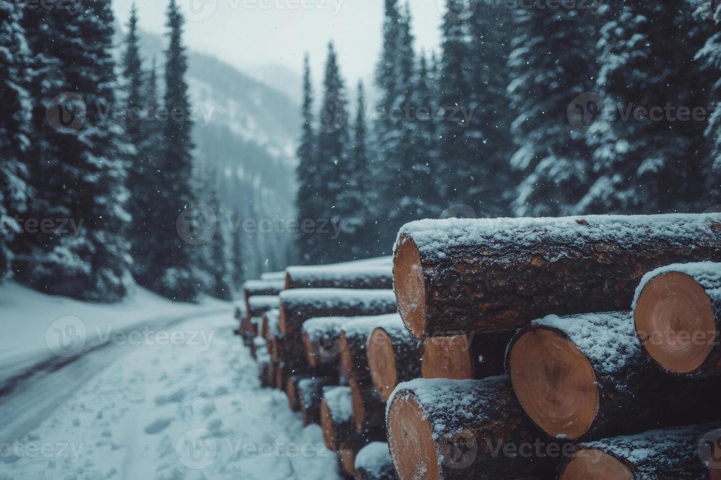 Stack of logs covered with snow by winter road through forest. photo