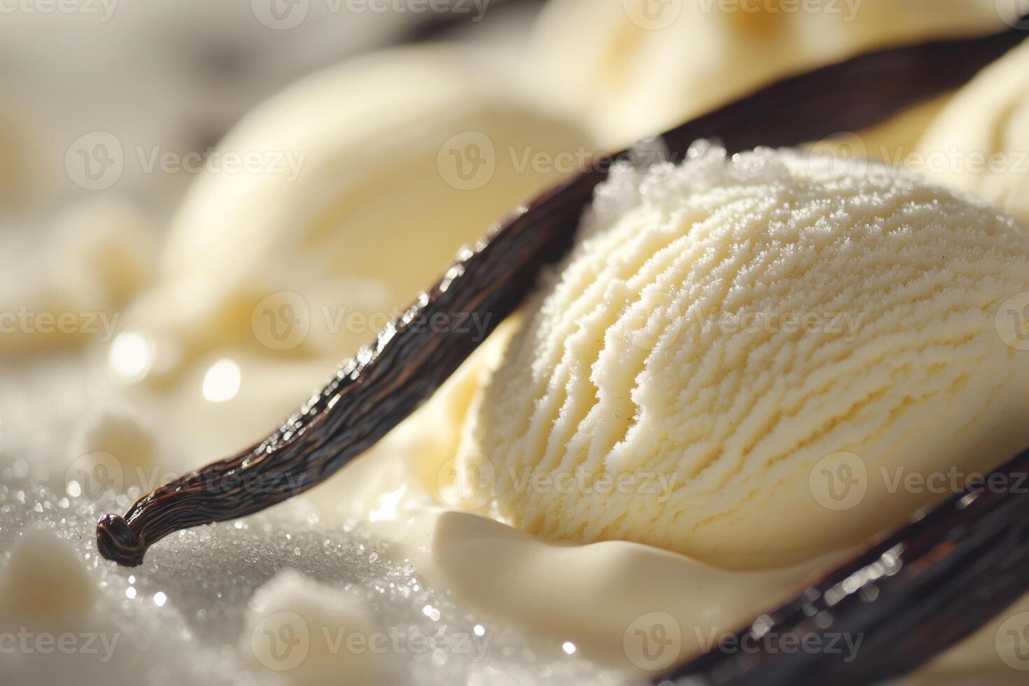 Vanilla ice cream melting with vanilla pods and sugar crystals photo
