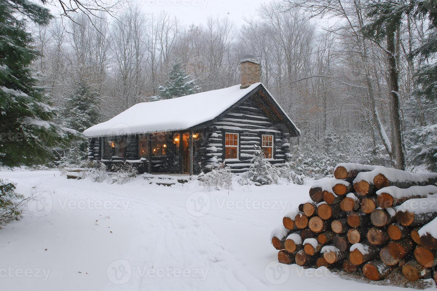 Log cabin in snowy woods with firewood during snowfall photo