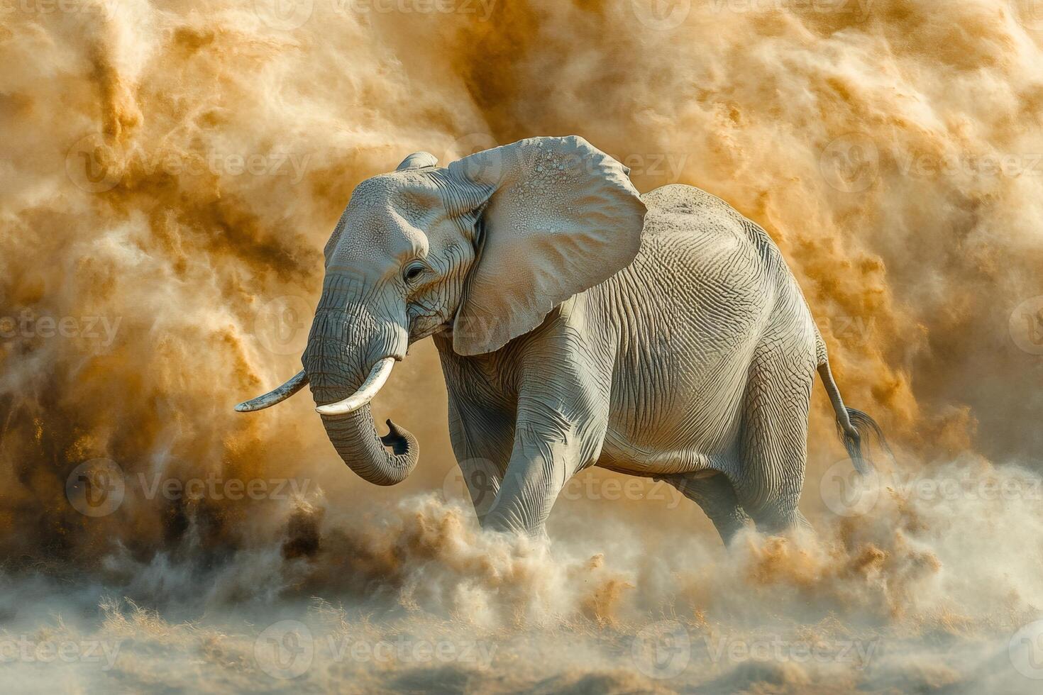 Majestic elephant running through a cloud of dust in the savannah photo