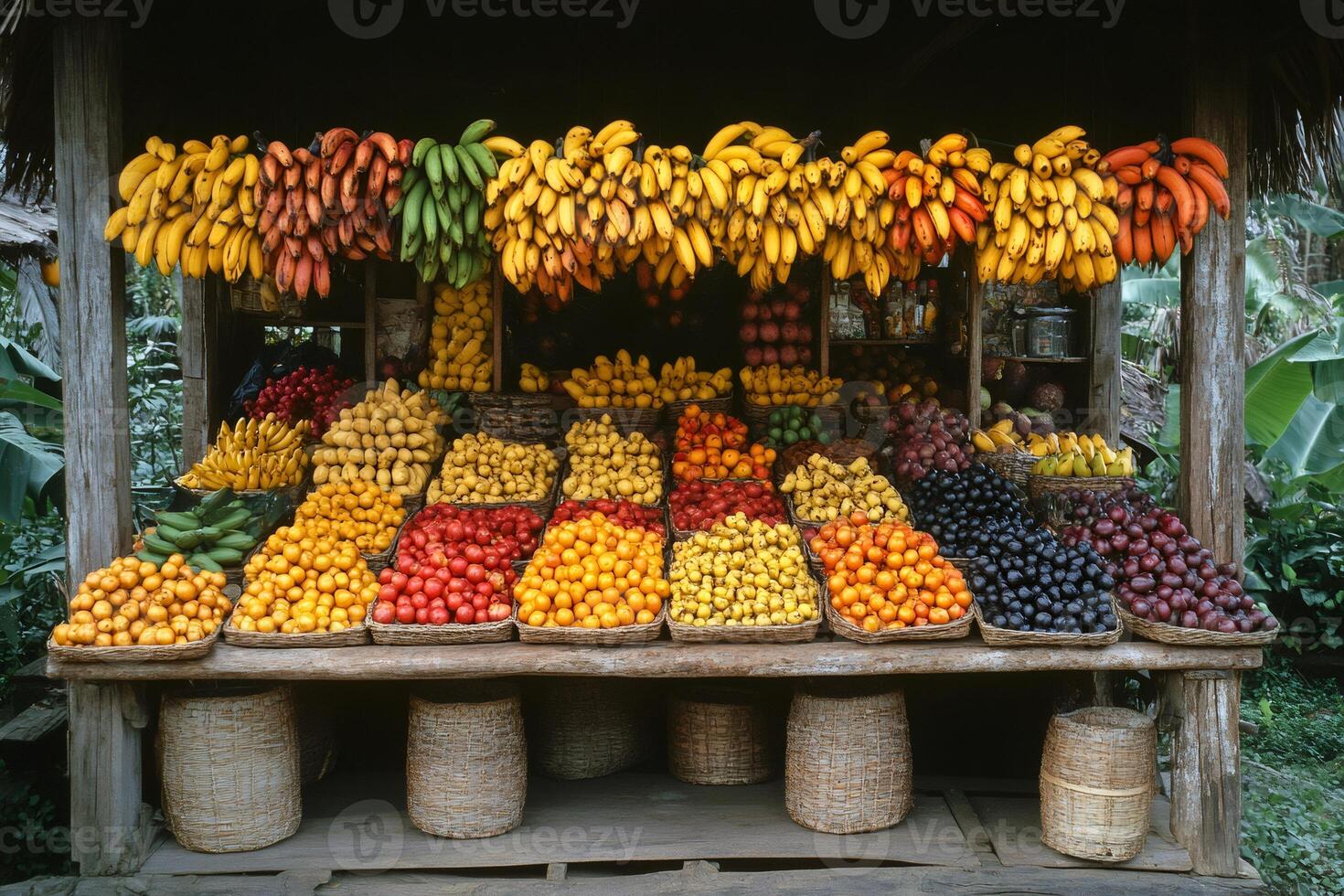 Colorful tropical fruits displayed at a wooden market stall photo
