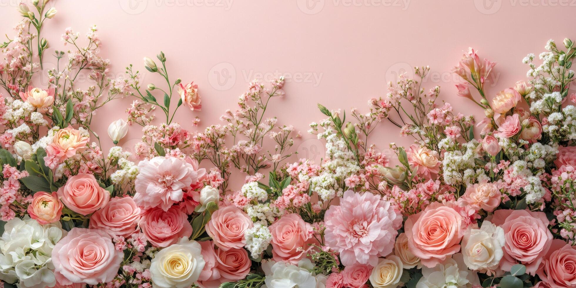Delicate pink and white flowers creating a stunning floral border on pastel background photo