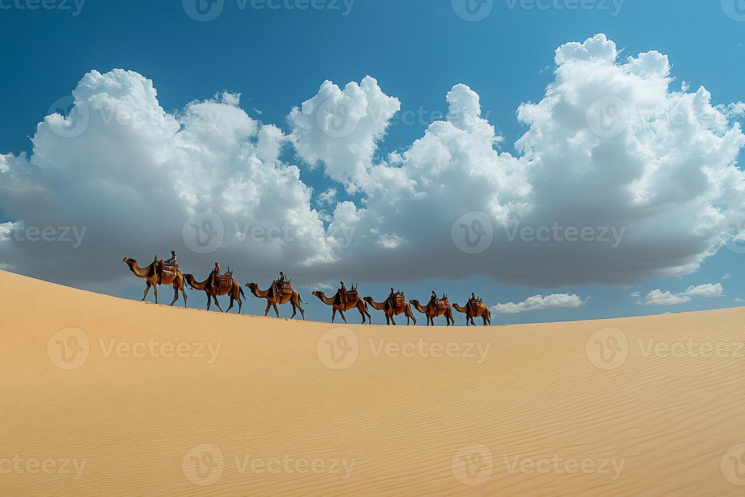 Tourists riding camels walking in desert sand dunes under cloudy sky photo