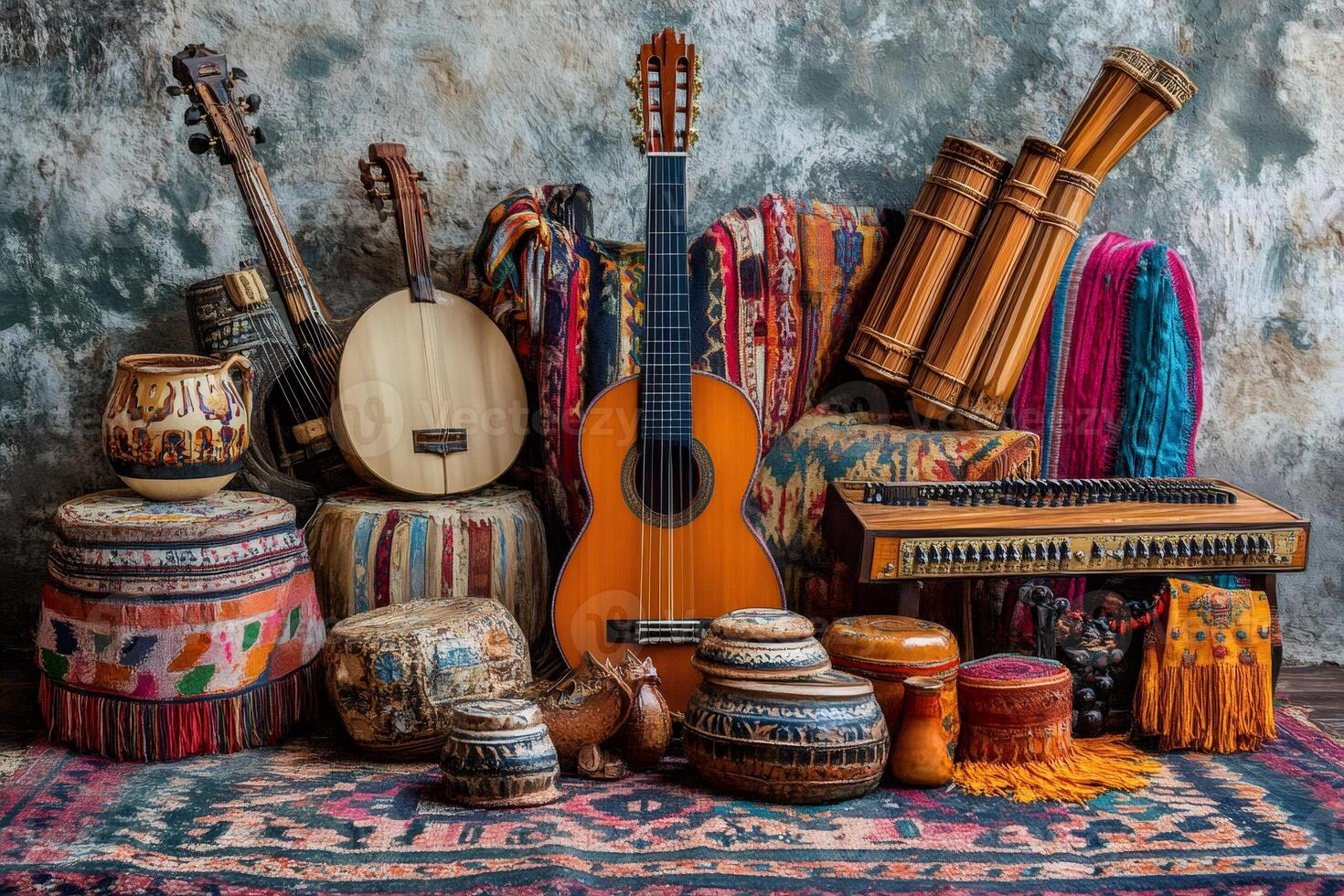 Variety of ethnic musical instruments displayed on oriental carpet photo