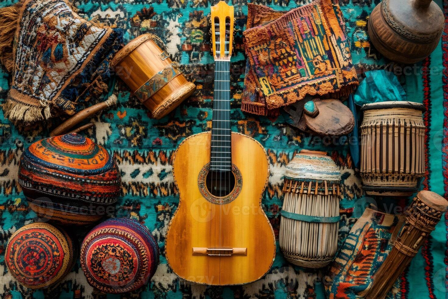 Ethnic musical instruments creating a bohemian atmosphere with colorful textiles photo