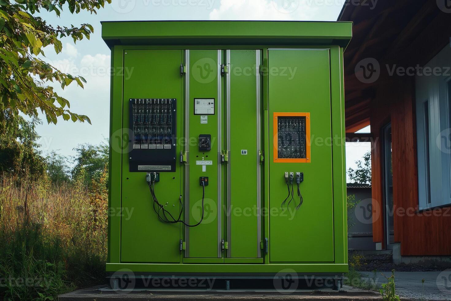Green electrical cabinet powering a sustainable building with renewable energy photo