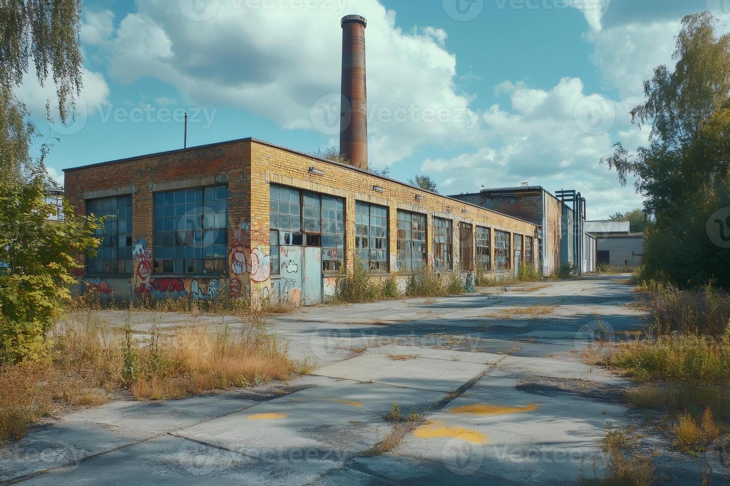 Abandoned industrial building with graffiti and broken windows showing urban decay photo