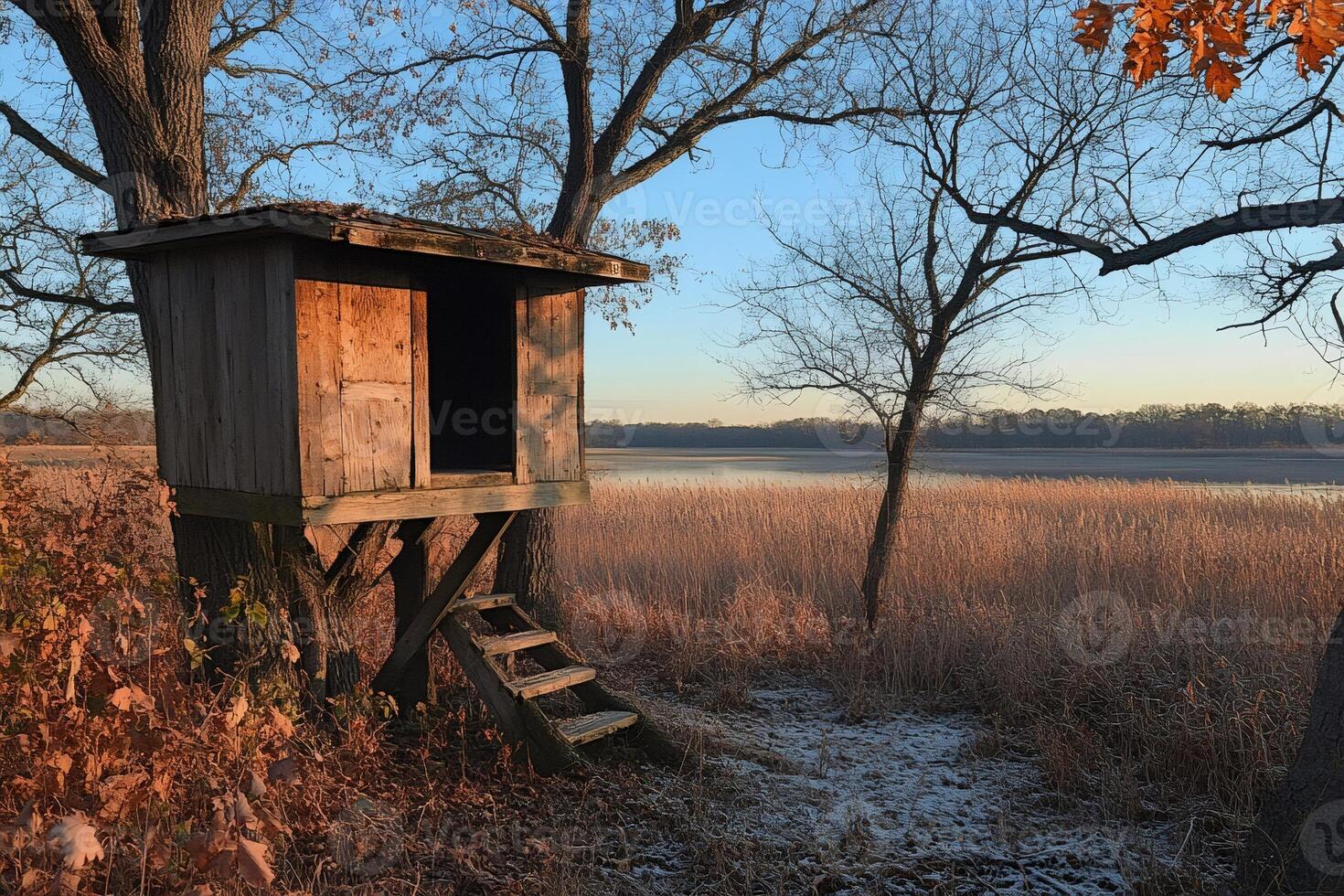 Wooden hunting blind overlooking frozen marsh at dawn in winter photo
