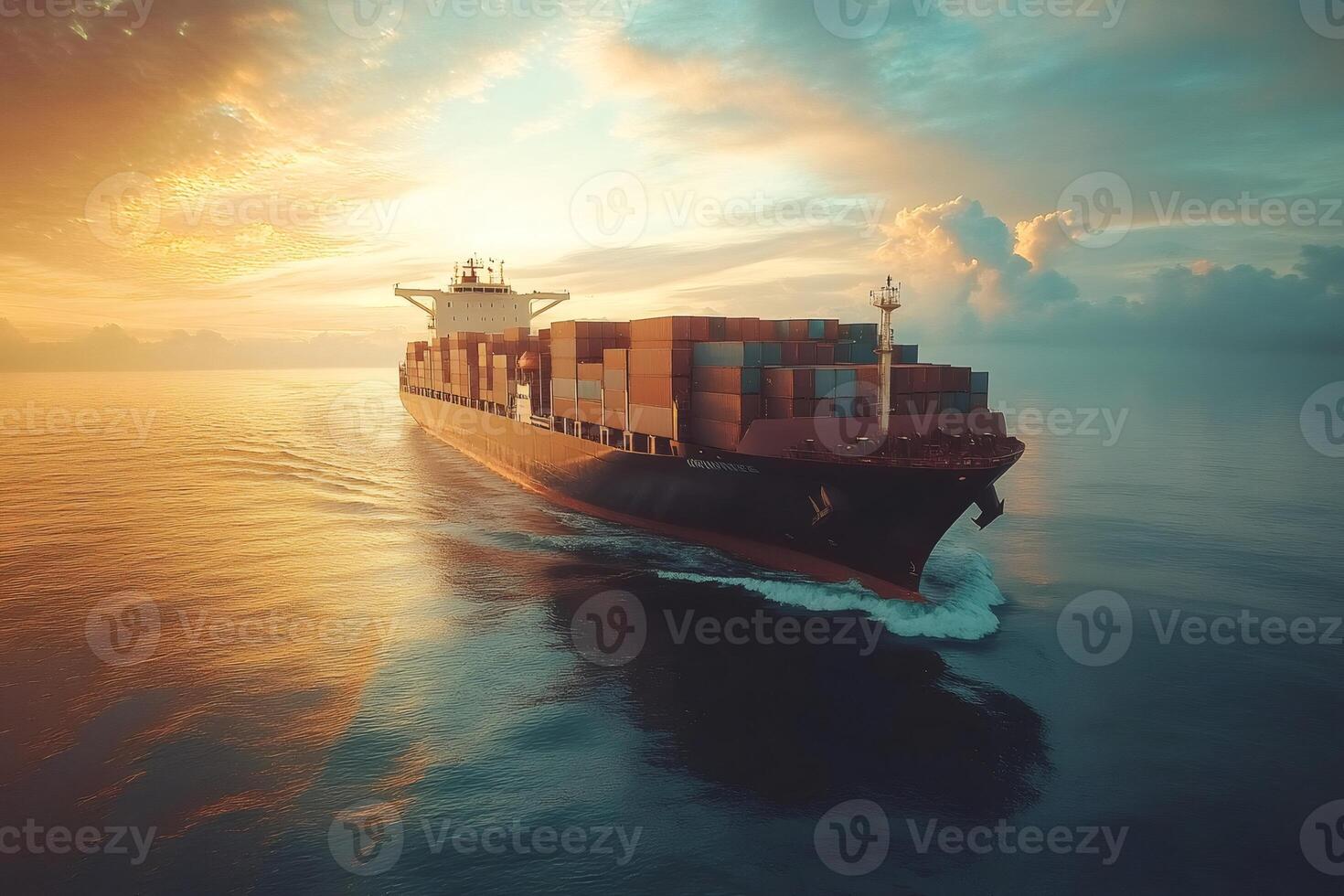 Large container ship sailing on the open ocean at sunset photo