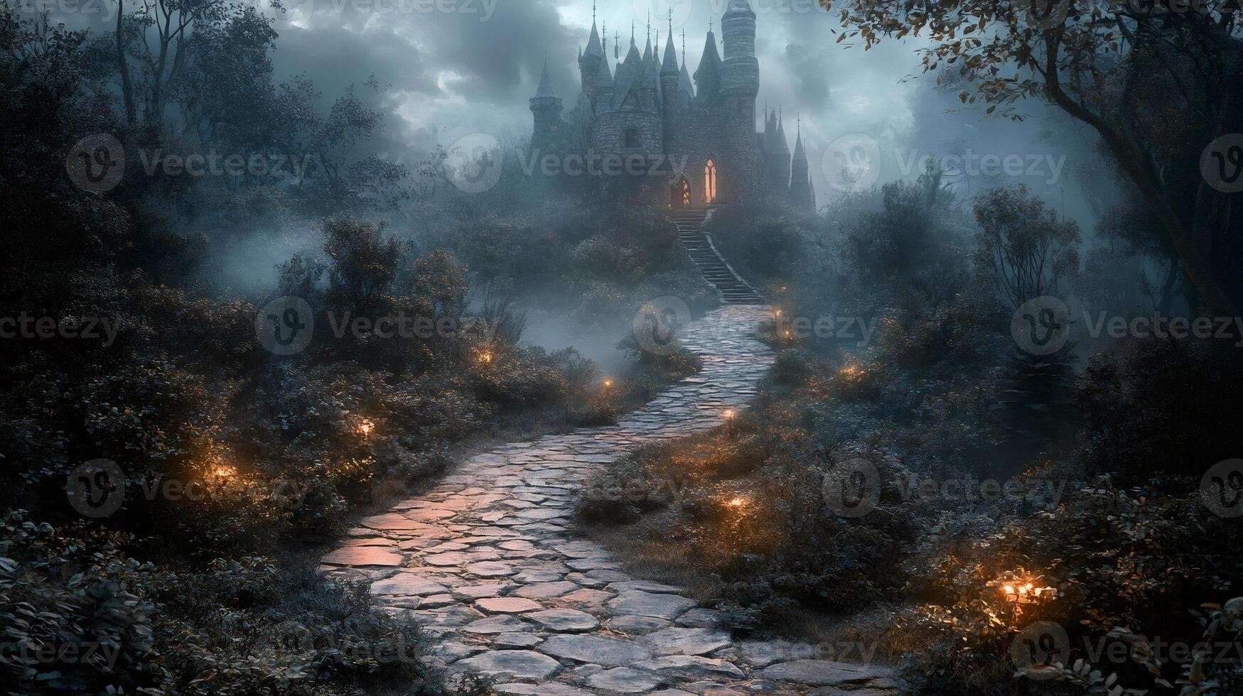 Stone path leading to a mysterious castle in a foggy forest at dusk photo