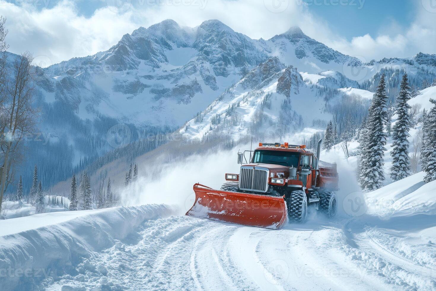 Snow plow truck clearing a snowy mountain road in winter photo