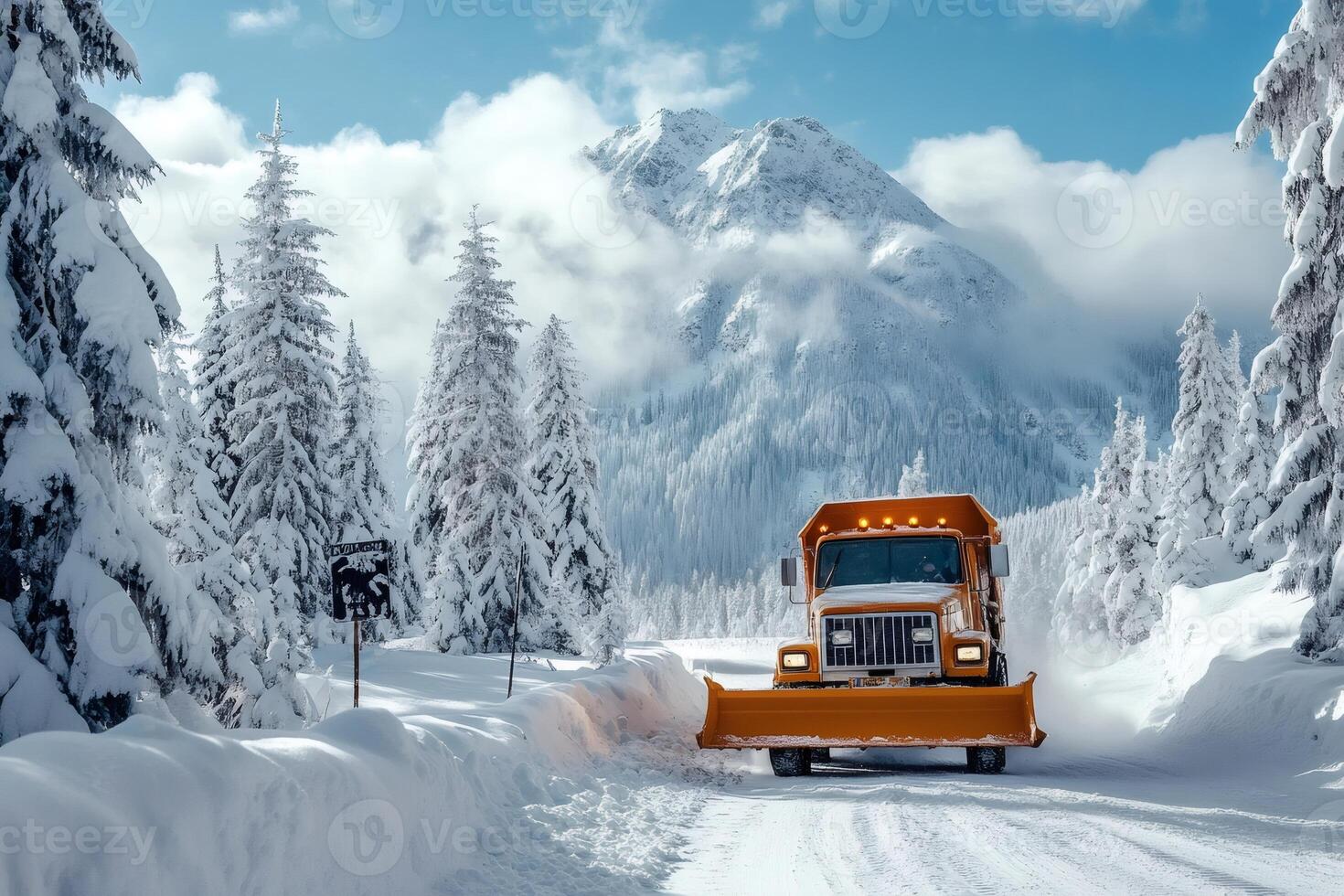 Snowplow truck clearing snowy mountain road in winter. photo