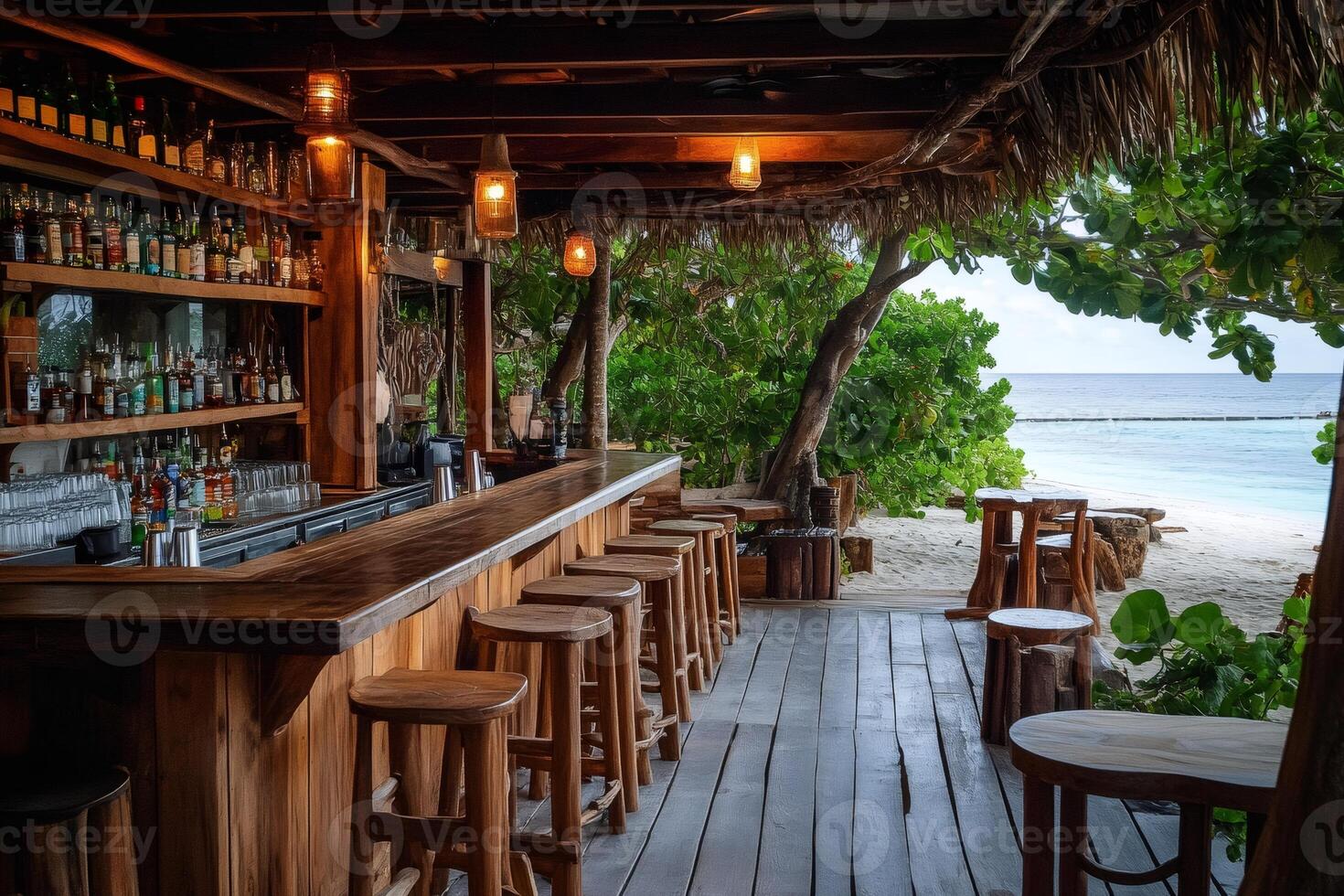 Beach bar offering stunning ocean views in tropical paradise photo