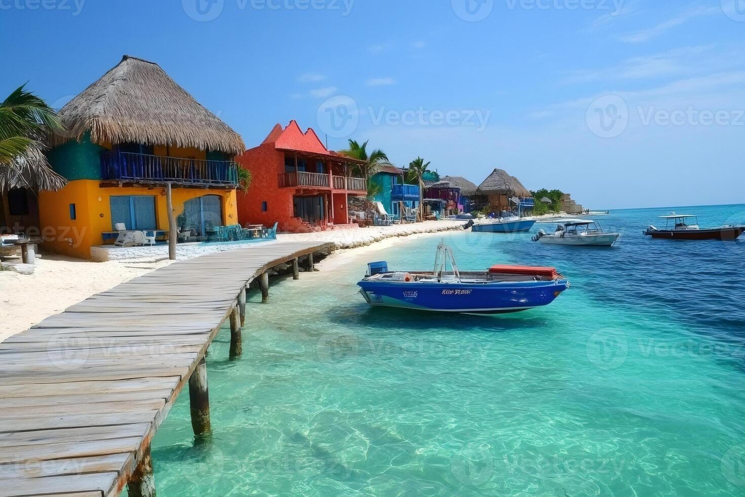 Colorful tropical island houses overlooking crystal clear turquoise water with boats and wooden pier photo