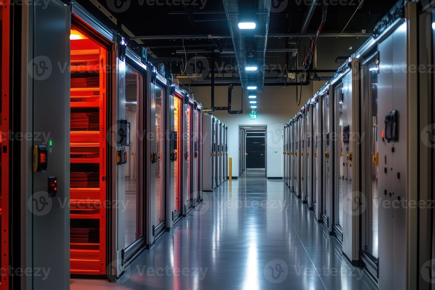 Server racks glowing red in modern data center corridor photo