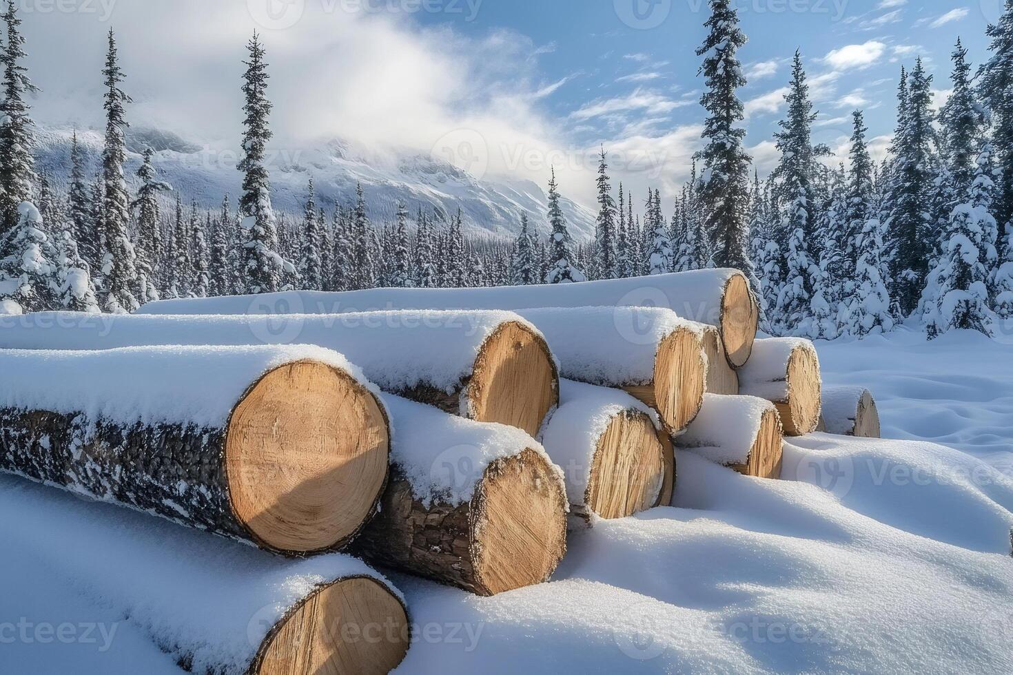 Pile of logs covered with snow in a winter forest photo