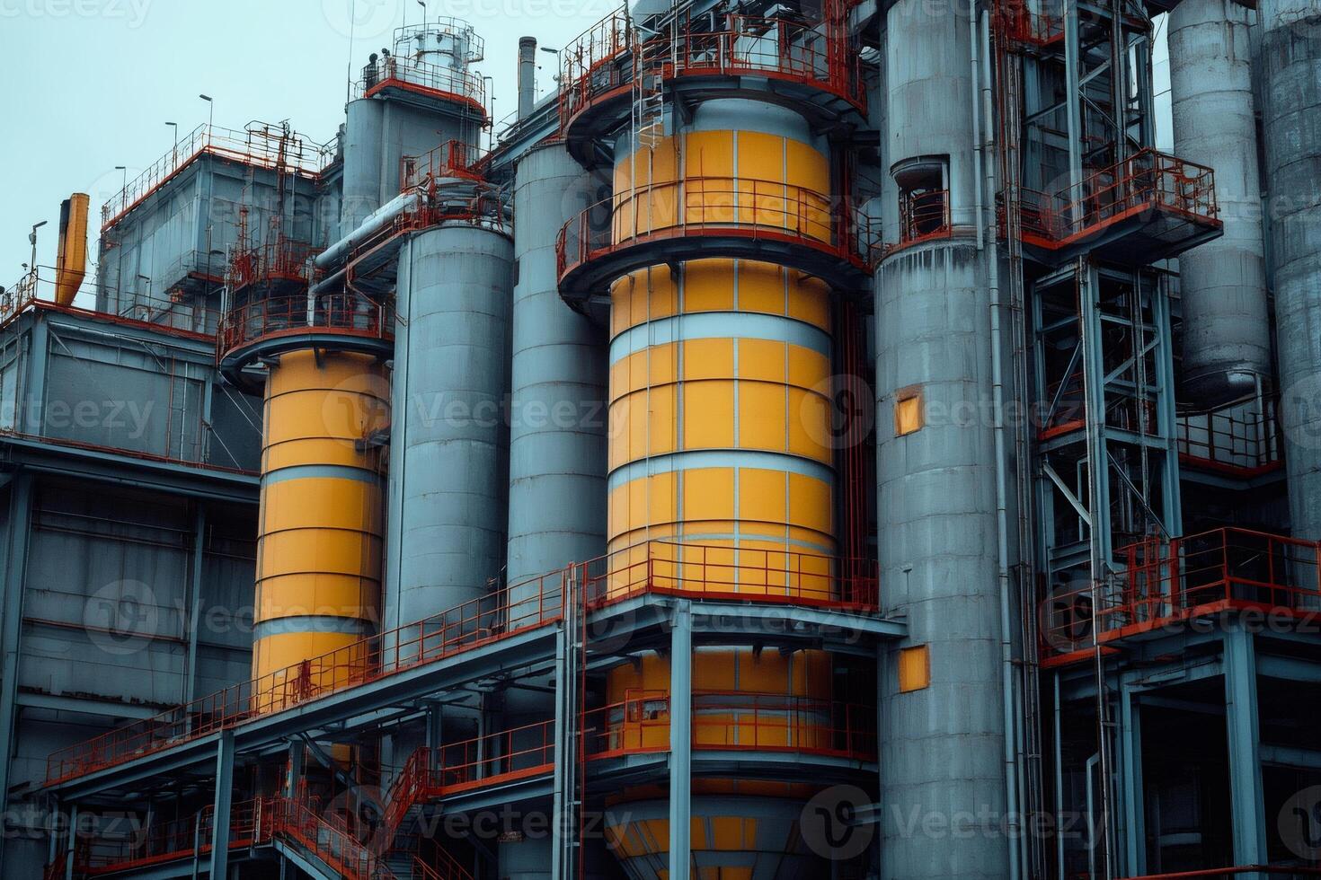 Industrial plant with storage tanks and complex pipe systems processing materials photo