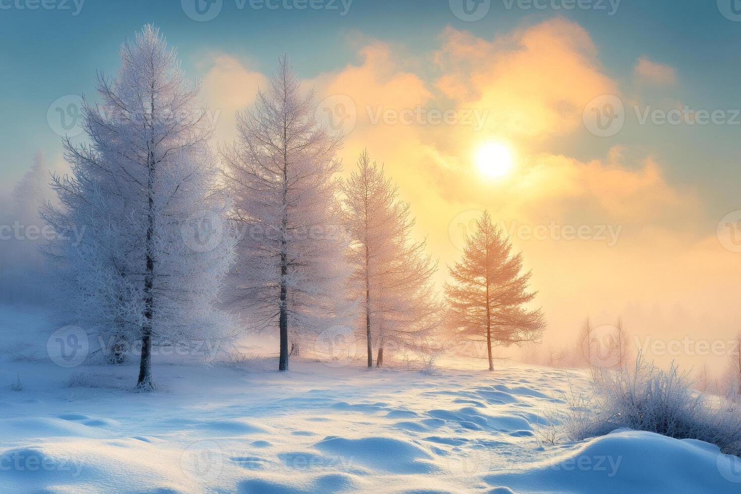 Bright winter sun shining over snowy landscape with frozen trees. photo