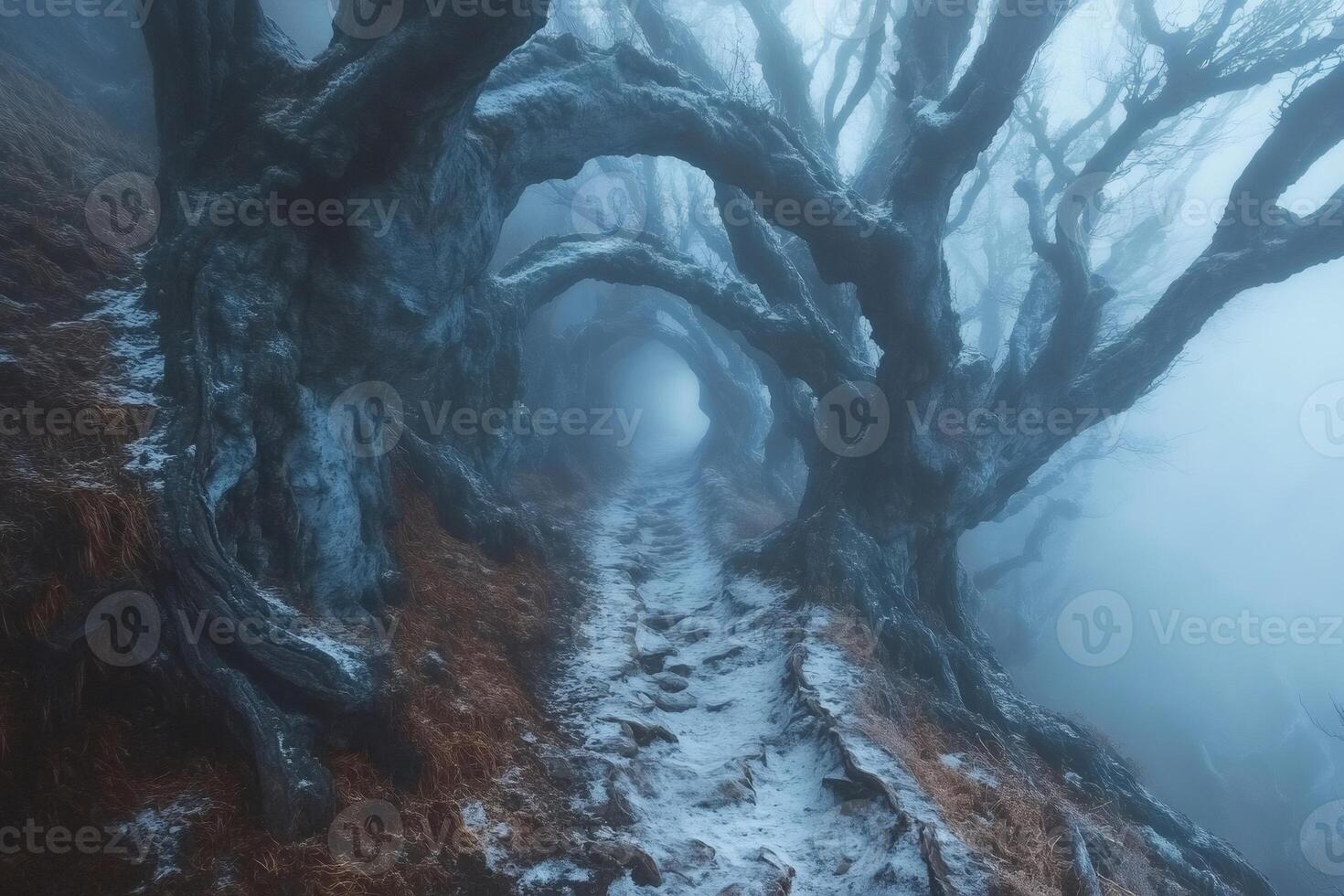 Snowy path winding through gnarled, fog-shrouded trees in winter photo