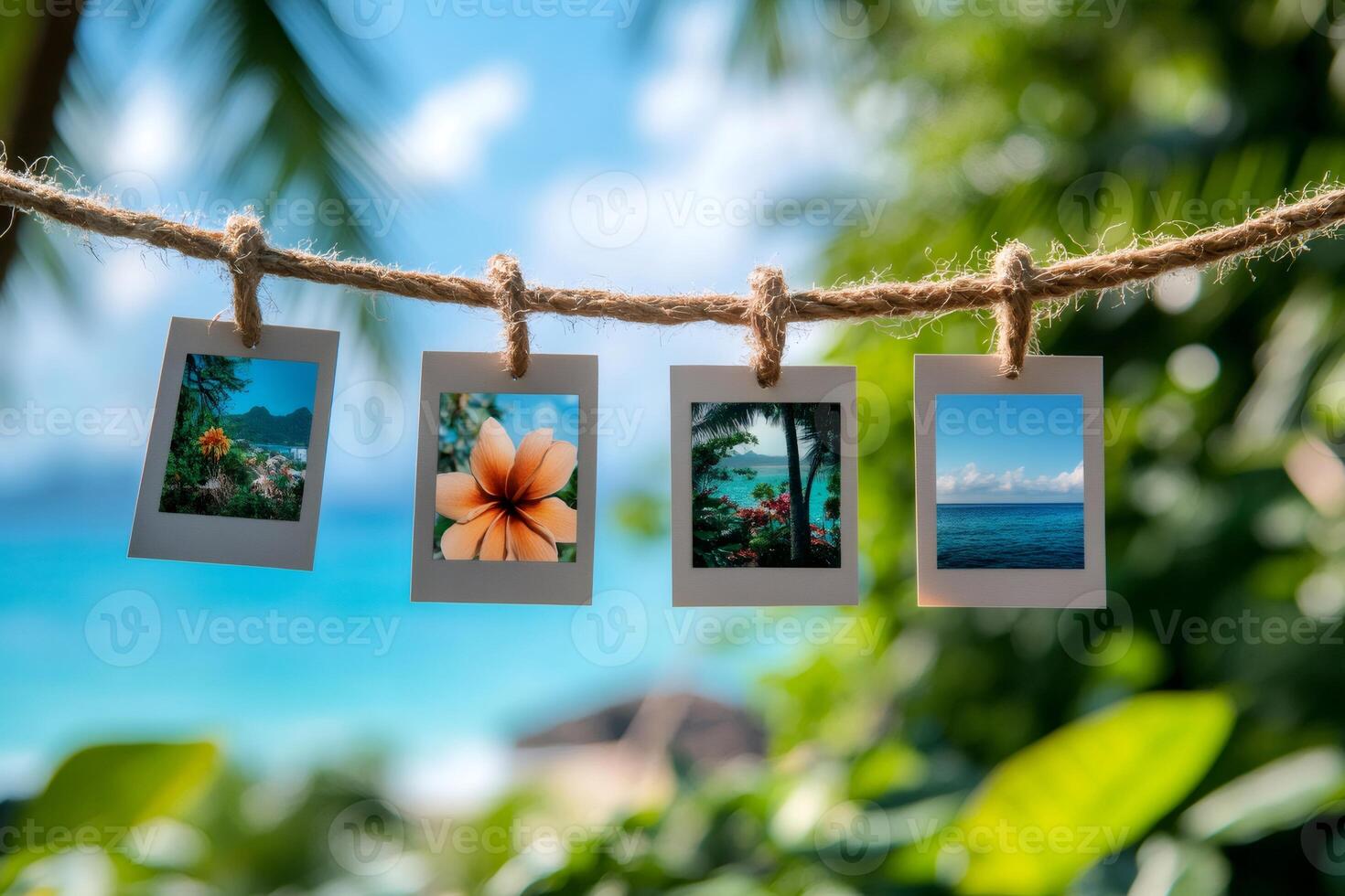 Tropical vacation memories hanging on a rope with ocean view photo