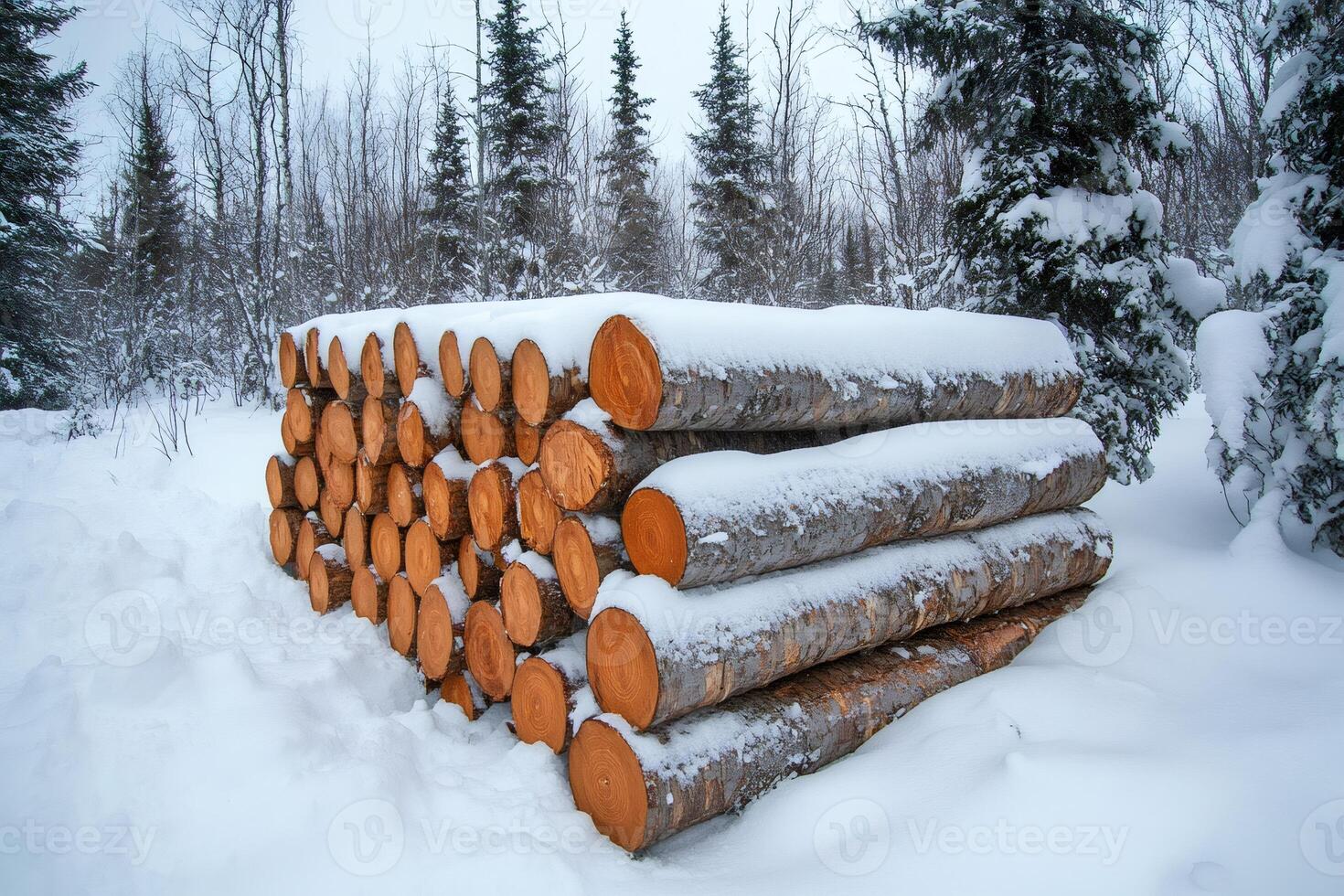 Stack of logs covered with snow in winter forest photo