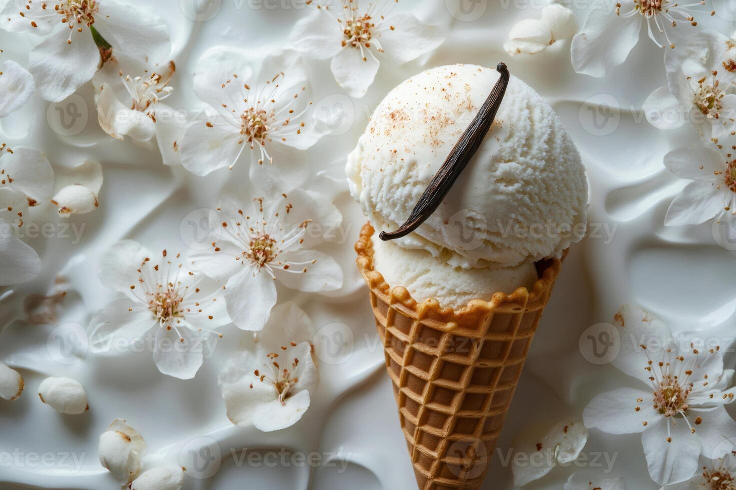 Vanilla ice cream in waffle cone with vanilla pod on white background decorated with flowers photo