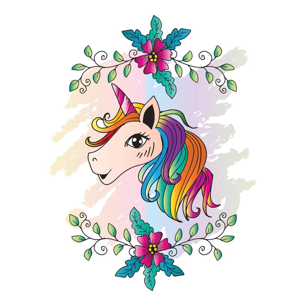 Unicorn with flowers and leaves. vector