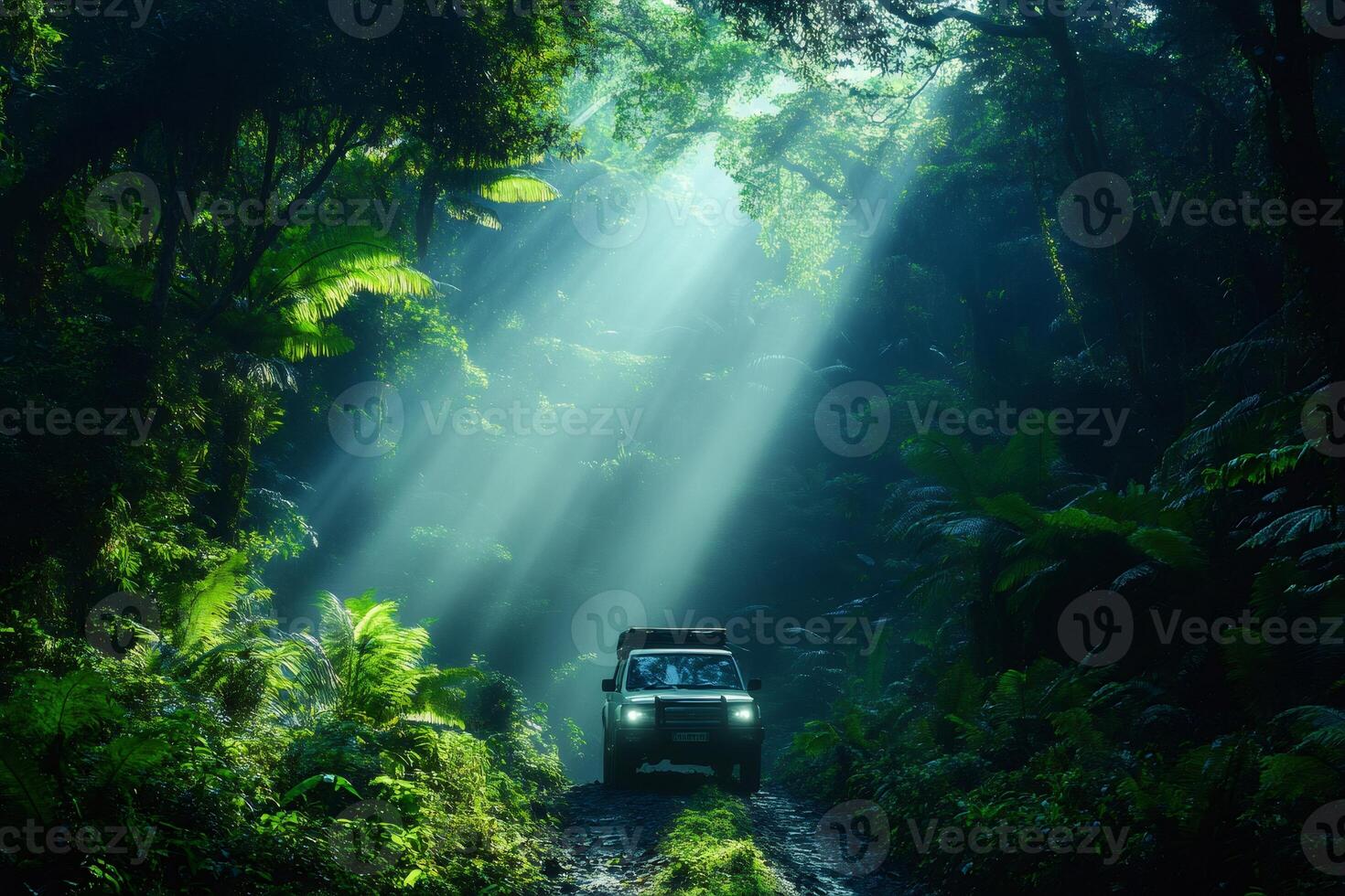 Four wheel drive vehicle exploring tropical rainforest with sunbeams at dawn photo