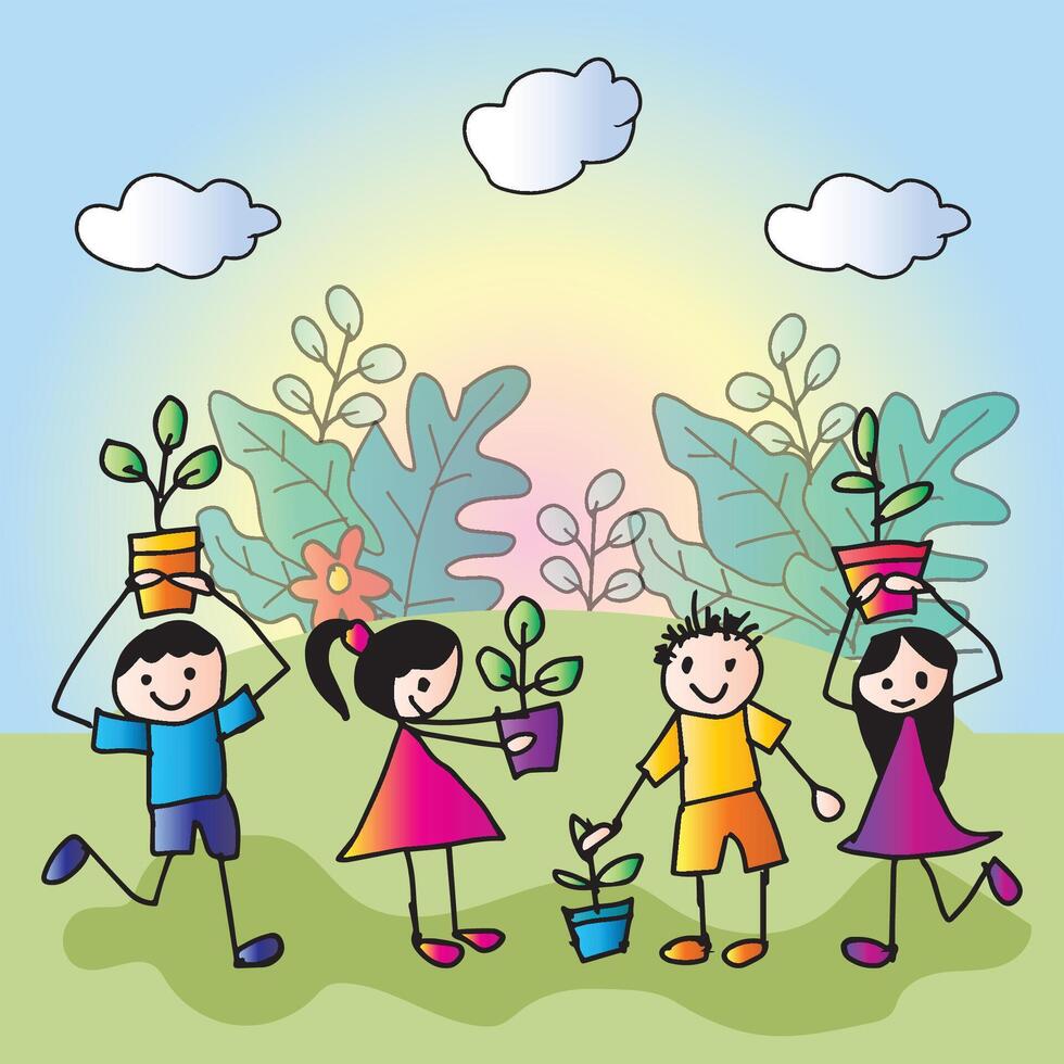 Children planting trees in the garden. vector