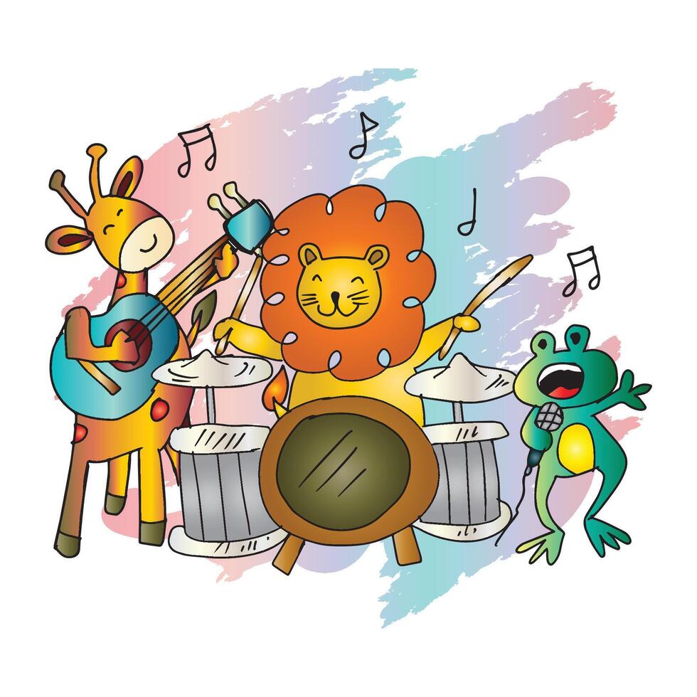 Illustration of a group of funny cartoon animals playing musical instruments. vector