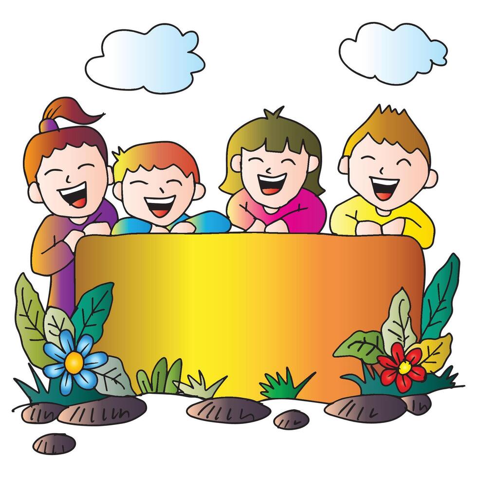 Group of happy kids holding a blank sign. vector