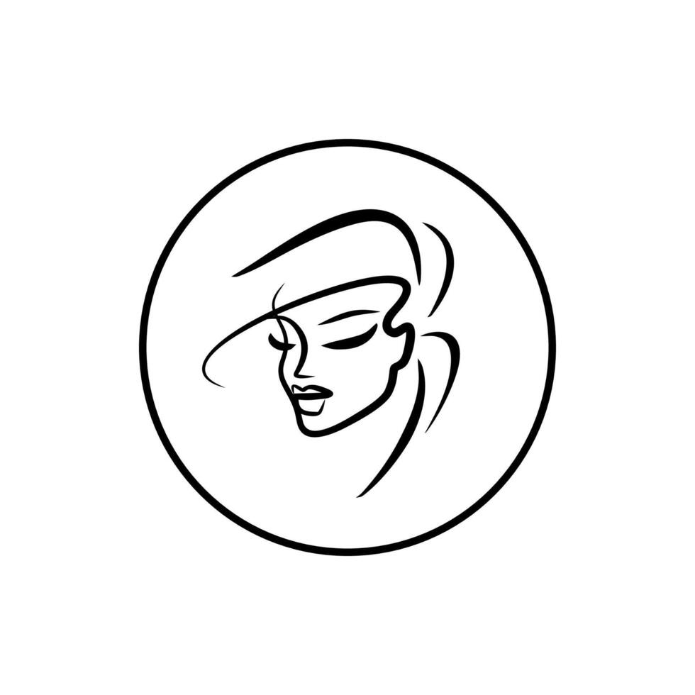 Logo beautiful girl for beauty salon. Icon in a circle black and white color drawn by hand. Face of a beautiful woman with stylish hairdo. vector