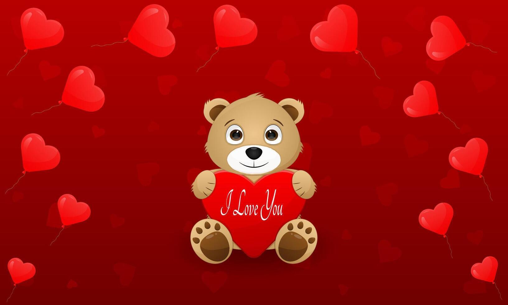 Cute bear holding heart with text on a red background with floating hearts for Valentines Day celebration vector
