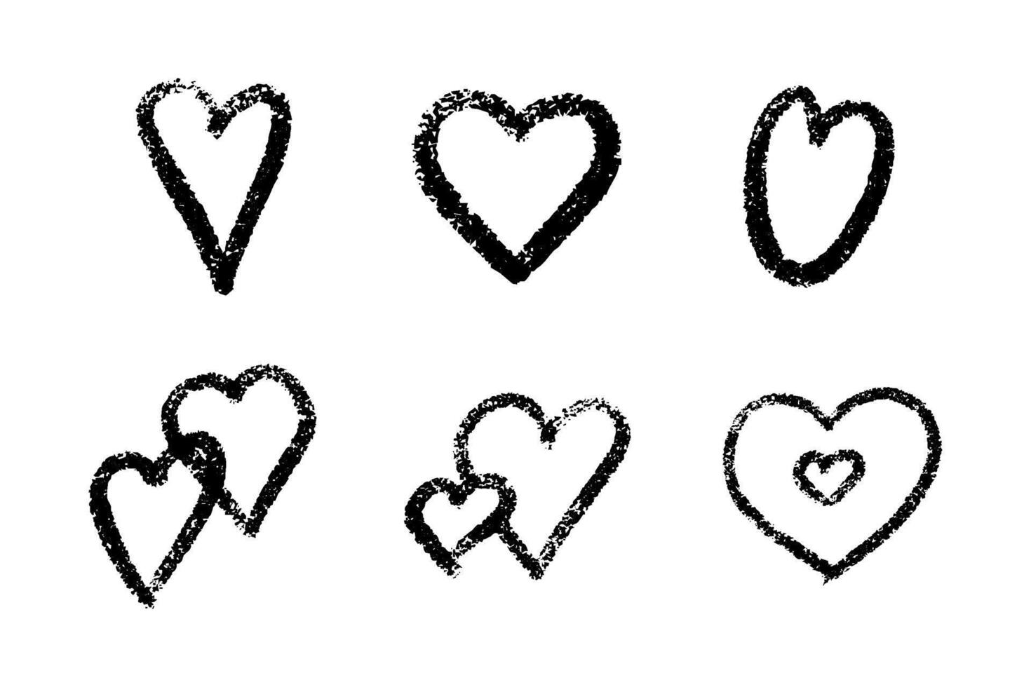 Crayon heart shapes with chalk texture set. Black sketched romantic symbols vector