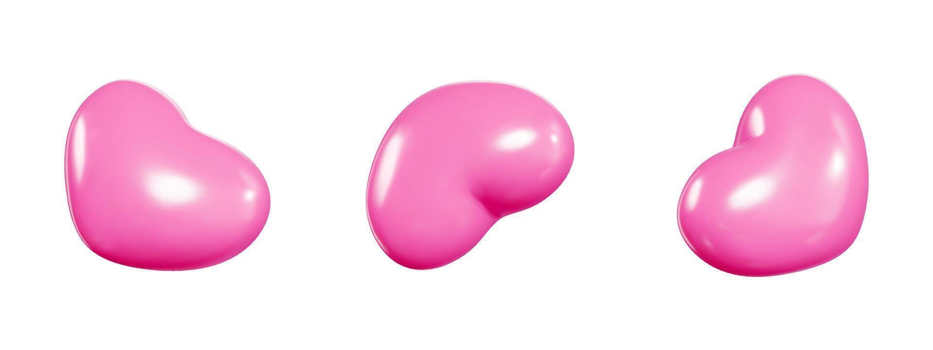 Pink heart shaped balloon 3d set from different angles with glossy surface and light reflections. vector
