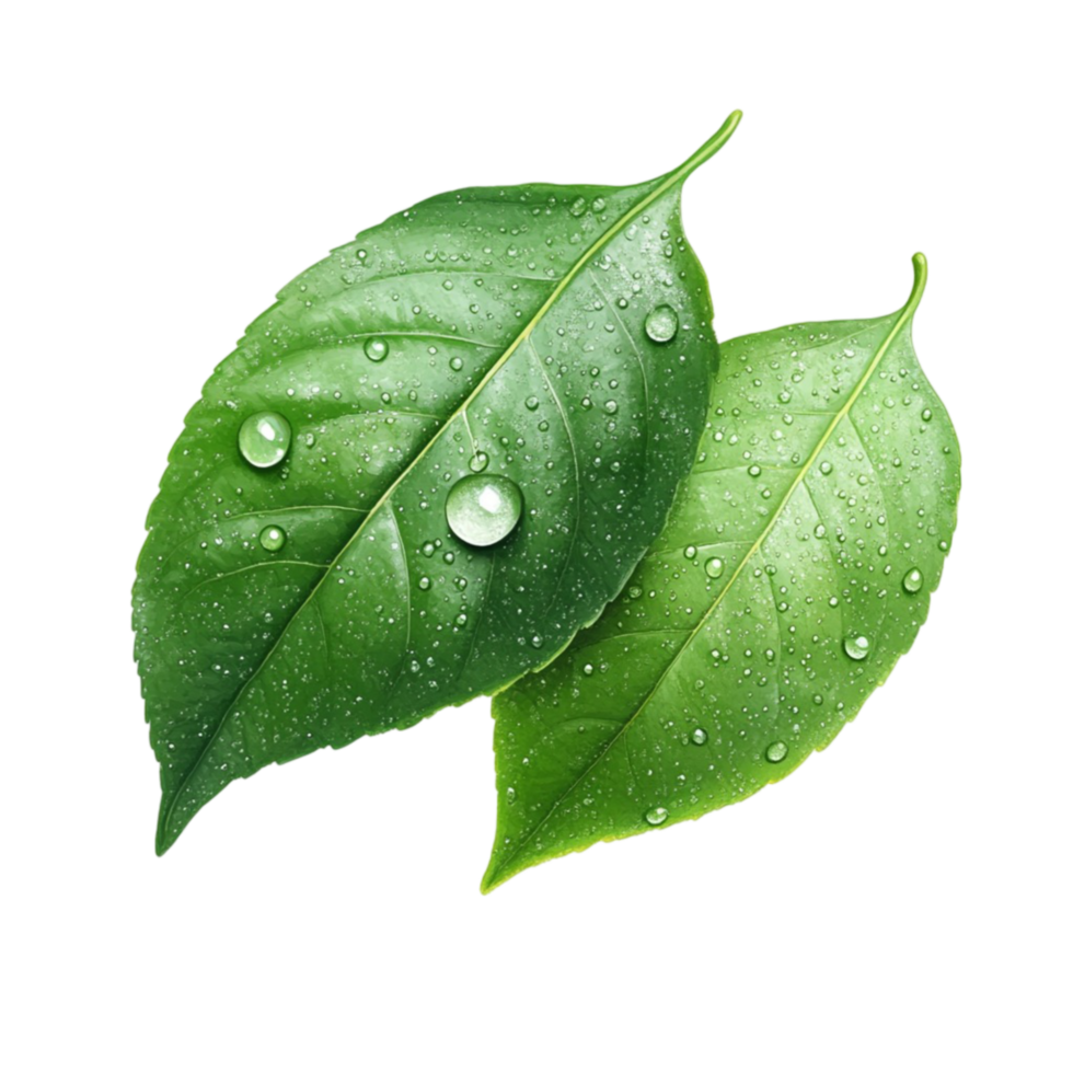 Two green leaves with water droplets on them png