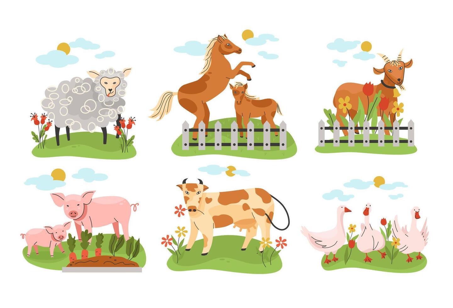 Illustrated Farm Animals in a Pastoral Setting vector