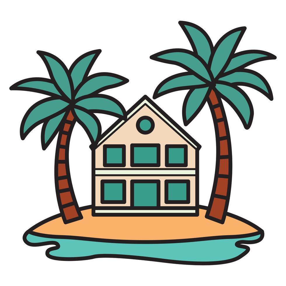 A high-quality illustration of a beach house surrounded by tall palm trees. vector